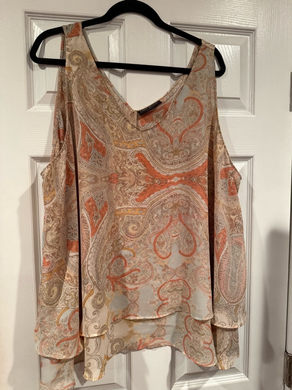 Lane Bryant Cold-Shoulder Paisley Blouse in Cream and Coral